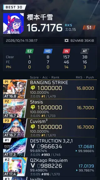 Sample B30 card in the Phone layout: a narrow player header with RKS 16.7073, then one chart per row in a single column.